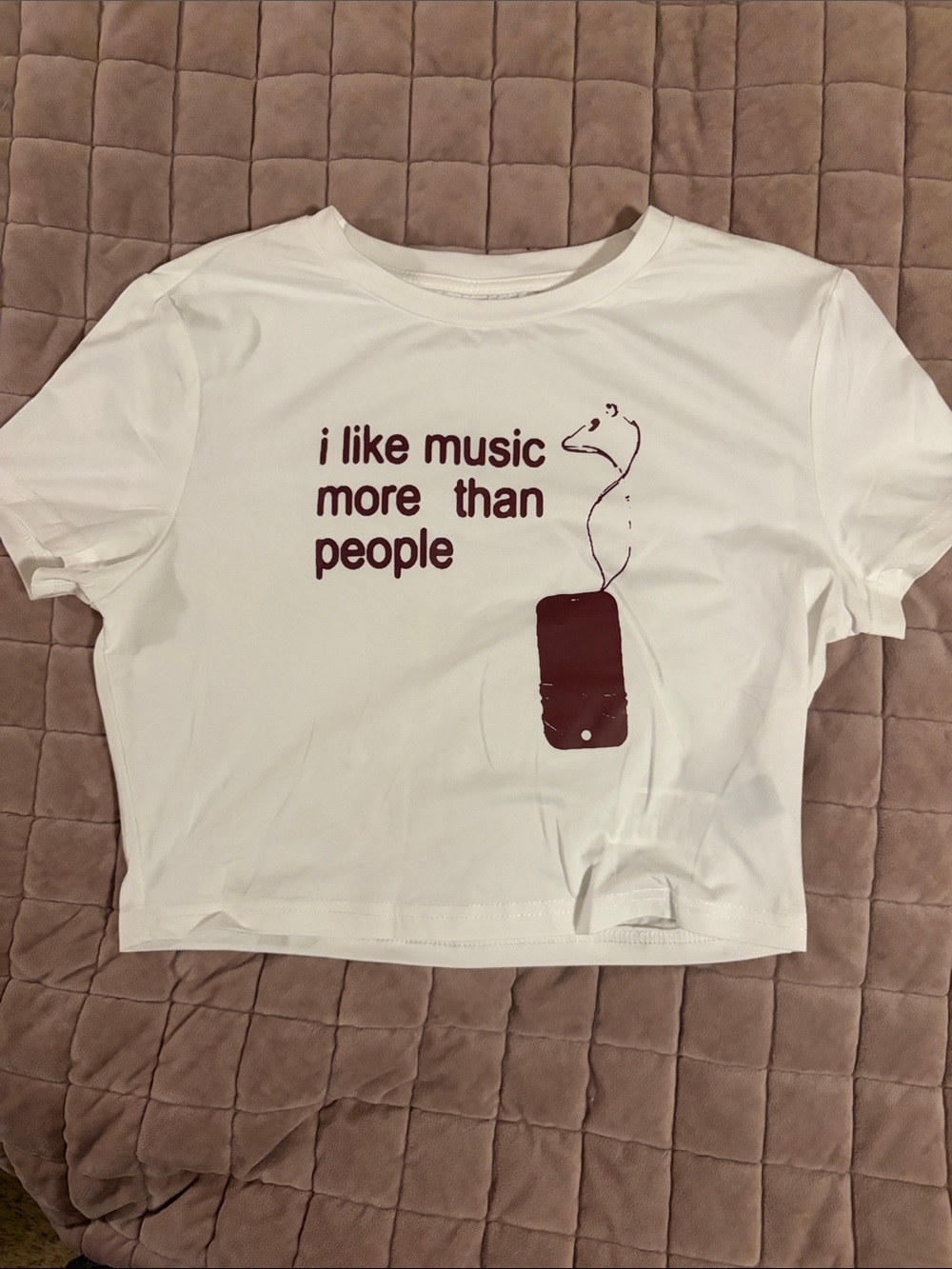 White Graphic Crop Tee "I like music more than people" Size L NWOT